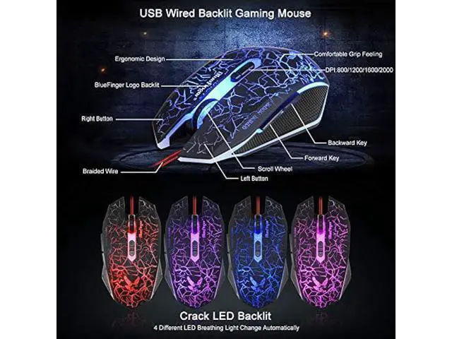 Alt view image 6 of 7 - BlueFinger Gaming Keyboard and Mouse,USB Wired Backlit Gaming Mouse and Keyboard Combo,Letters Glow, 3 Color Crack Backlit,Illumination Keyboard and Mouse Set for Game and Work