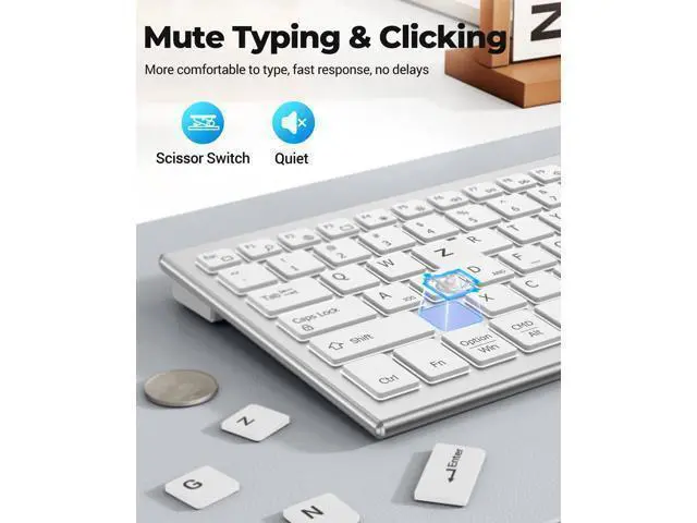 Alt view image 3 of 7 - FENISIO Keyboard and Mouse, Bluetooth Slim Compact Keyboard Wireless, Scissor Switch Keyboard and Silent USB Mouse, Rechargeable Keyboard Mouse Combo for PC Laptop iPad Mac