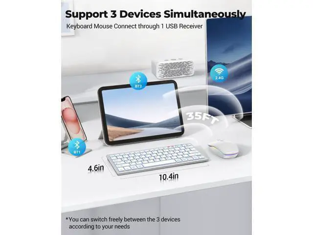 Alt view image 7 of 7 - FENISIO Keyboard and Mouse, Bluetooth Slim Compact Keyboard Wireless, Scissor Switch Keyboard and Silent USB Mouse, Rechargeable Keyboard Mouse Combo for PC Laptop iPad Mac