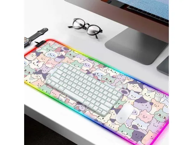 Alt view image 2 of 7 - JIANG100 RGB Cute Pink Cat Gaming Desk Mat, Computer Keyboard Large Extended Kawaii Pastel Cat LED Mouse Pad for Office and Home, 31.5x11.8 Inches, XL