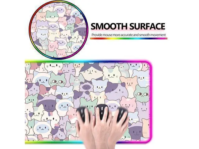 Alt view image 3 of 7 - JIANG100 RGB Cute Pink Cat Gaming Desk Mat, Computer Keyboard Large Extended Kawaii Pastel Cat LED Mouse Pad for Office and Home, 31.5x11.8 Inches, XL