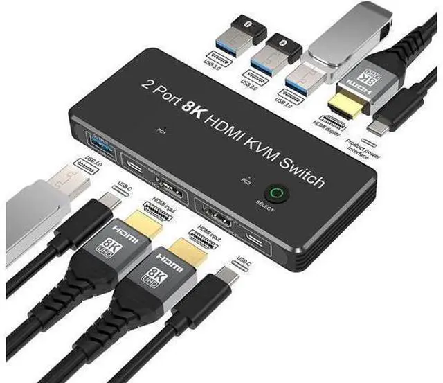 Main image of 2 Port 8K HDMI KVM Switch 2 in 1 Out 8K@60Hz 4K@120Hz 2 PC to 1 Monitor with 4 USB 3.0 Ports for Sharing Keyboard, Mouse, U Disk