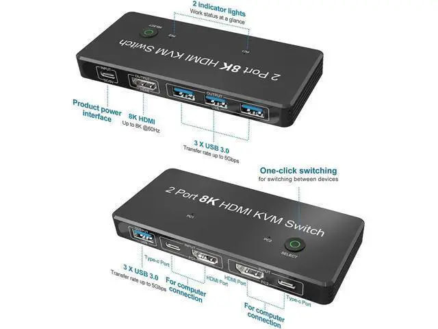 Alt view image 7 of 7 - 2 Port 8K HDMI KVM Switch 2 in 1 Out 8K@60Hz 4K@120Hz 2 PC to 1 Monitor with 4 USB 3.0 Ports for Sharing Keyboard, Mouse, U Disk