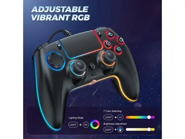 Alt view image 3 of 7 - RGB Wired Controller for PS5/PS4 and PC with Hall Effect Joystick and Trigger, 3.5mm Audio Jack, Support Tubro/Ma cro Function, Adjustable Dual Vibration 6-Axis Motion Control Gamepad