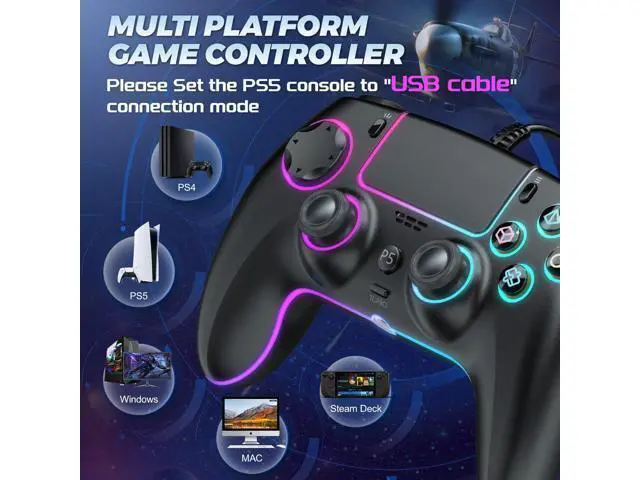 Alt view image 2 of 7 - RGB Wired Controller for PS5/PS4 and PC with Hall Effect Joystick and Trigger, 3.5mm Audio Jack, Support Tubro/Ma cro Function, Adjustable Dual Vibration 6-Axis Motion Control Gamepad