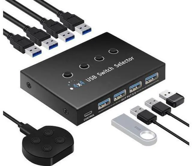 Main image of USB 3.0 Switch 4 Computers 3 Computers Keyboard Mouse Switch,4 Port USB Switch Selector Sharing 4 USB Devices,USB Switcher Compatible with Mac/Windows/Linux,with Desktop Controller and 4 USB Cable