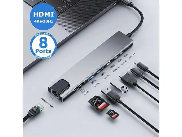 Alt view image 2 of 6 - USB C Hub, 8-in-1 USB C Docking Station for Laptops or Other Type C Devices, with USB C to HDMI, USB C SD Card Reader/Micro SD, USB C to Ethernet Adapter, USB 3.0, USB C Dock / 80W Fast Charging