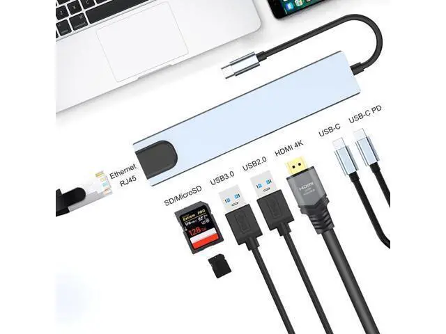 Alt view image 6 of 6 - USB C Hub, 8-in-1 USB C Docking Station for Laptops or Other Type C Devices, with USB C to HDMI, USB C SD Card Reader/Micro SD, USB C to Ethernet Adapter, USB 3.0, USB C Dock / 80W Fast Charging