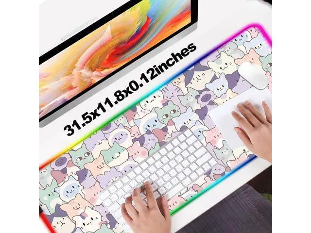 Alt view image 5 of 7 - JIANG100 RGB Cute Pink Cat Gaming Desk Mat, Computer Keyboard Large Extended Kawaii Pastel Cat LED Mouse Pad for Office and Home, 31.5x11.8 Inches, XL