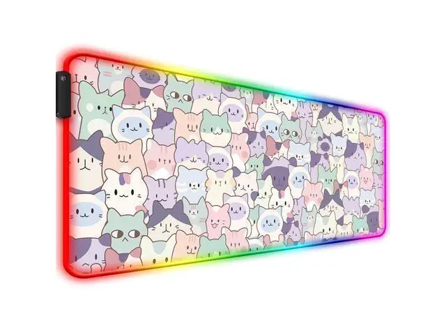 Alt view image 6 of 7 - JIANG100 RGB Cute Pink Cat Gaming Desk Mat, Computer Keyboard Large Extended Kawaii Pastel Cat LED Mouse Pad for Office and Home, 31.5x11.8 Inches, XL
