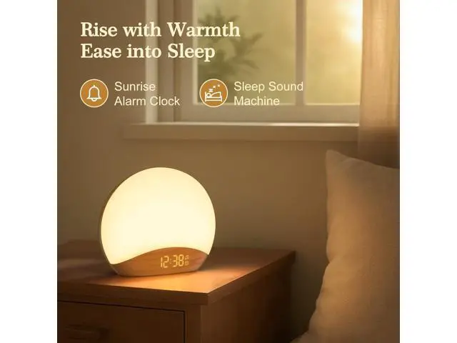 Alt view image 3 of 7 - Wood Grain Sunrise Alarm Clock and Sound Machine Nightlight, Digital Dimmable Clock for Bedroom, 26 Sleep Sounds, White Noise Machine for Baby, Adults, Wake Up Light Alarm Clock for Kids