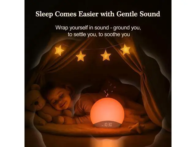 Alt view image 4 of 7 - Wood Grain Sunrise Alarm Clock and Sound Machine Nightlight, Digital Dimmable Clock for Bedroom, 26 Sleep Sounds, White Noise Machine for Baby, Adults, Wake Up Light Alarm Clock for Kids