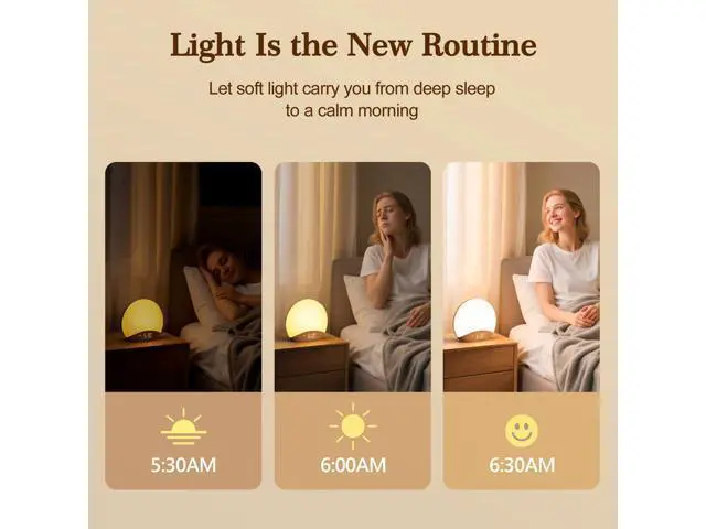 Alt view image 2 of 7 - Wood Grain Sunrise Alarm Clock and Sound Machine Nightlight, Digital Dimmable Clock for Bedroom, 26 Sleep Sounds, White Noise Machine for Baby, Adults, Wake Up Light Alarm Clock for Kids