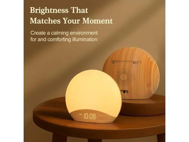 Alt view image 5 of 7 - Wood Grain Sunrise Alarm Clock and Sound Machine Nightlight, Digital Dimmable Clock for Bedroom, 26 Sleep Sounds, White Noise Machine for Baby, Adults, Wake Up Light Alarm Clock for Kids