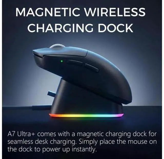 Alt view image 3 of 7 - MCHOSE A7 V2 Ultra+ Wireless Gaming Mouse, Megnetic Charging Dock,Tri-Mode Connection, 59 Grams, PAW3950 TI 42K DPI Sensor, Wired/Wireless Dual 8K Polling - Black