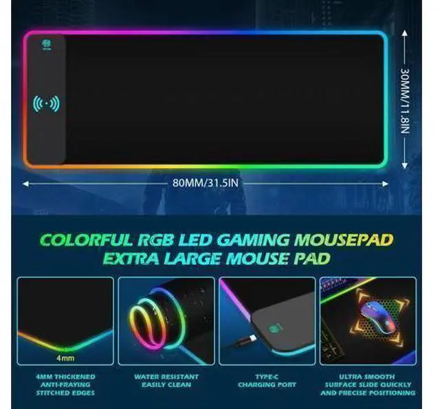 Alt view image 6 of 7 - RGB Gaming Wireless Charging Mouse Pad 5/7.5/10/15W 10 Light Modes LED Mouse Pad Computer Keyboard Mat Mousepad 800x300x4MM Extended Large Desk Mat for Gaming MacBook Laptop PC Black