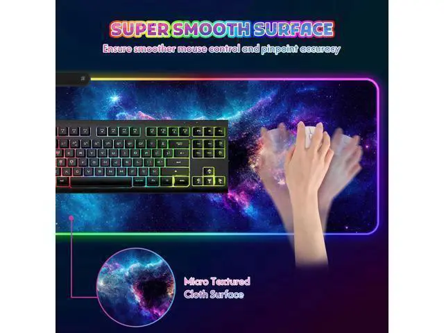 Alt view image 4 of 7 - ToLuLu RGB Mouse Pad Gaming, Large LED Mouse Pad with 14 Lights Modes, 35.4 x 15.7 inches XXL Desk Mat for Keyboard and Mouse, Extended Desk Pad Mat PC Gaming Mousepad AccessoriesBlue Purple Galaxy