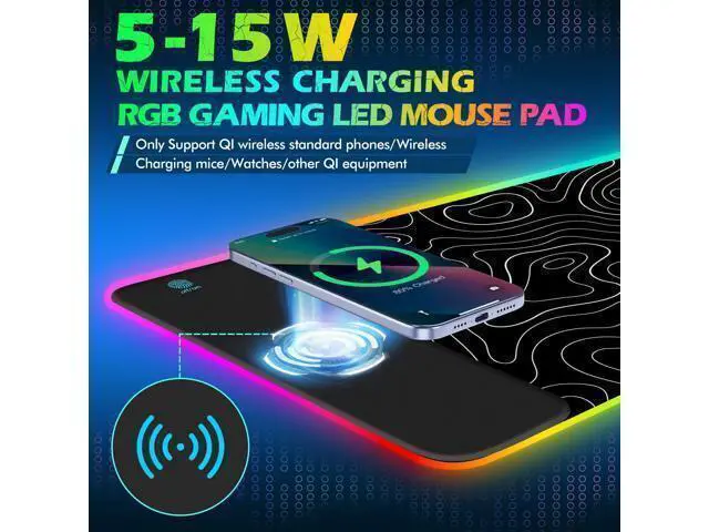 Alt view image 2 of 7 - ToLuLu RGB Wireless Charging Gaming Mouse Pad, 7.5/10/15W 10 Light Modes LED Mouse Pad Computer Keyboard Mat Mousepad, 800x300x4MM Extended Large Desk Pad for Gamer, Black and White Abstract Lines