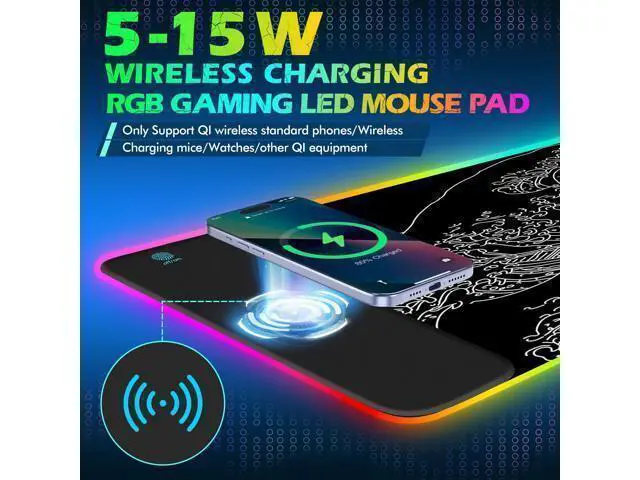 Alt view image 2 of 7 - ToLuLu RGB Wireless Charging Gaming Mouse Pad, 7.5/10/15W 10 Light Modes LED Mouse Pad Computer Keyboard Mat Mousepad, 800x300x4MM Extended Large Desk Pad Mat, Japanese Kanagawa Sea Wave Black White