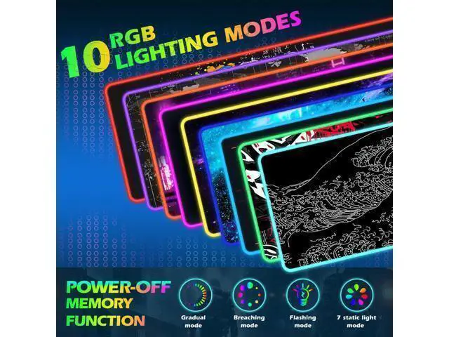 Alt view image 3 of 7 - ToLuLu RGB Wireless Charging Gaming Mouse Pad, 7.5/10/15W 10 Light Modes LED Mouse Pad Computer Keyboard Mat Mousepad, 800x300x4MM Extended Large Desk Pad Mat, Japanese Kanagawa Sea Wave Black White