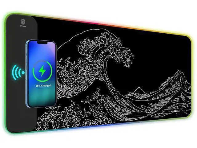 Alt view image 6 of 7 - ToLuLu RGB Wireless Charging Gaming Mouse Pad, 7.5/10/15W 10 Light Modes LED Mouse Pad Computer Keyboard Mat Mousepad, 800x300x4MM Extended Large Desk Pad Mat, Japanese Kanagawa Sea Wave Black White