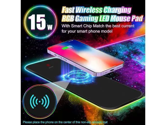 Alt view image 2 of 7 - ToLuLu Wireless Charging RGB Gaming Mouse Pad, 15W LED Mouse Mat with 30W Charger, 14 Light Modes Large Mousepad with Wrist Support, Non-Slip Rubber Base Desk Mat Computer Keyboard Pad, Galaxy Nebula
