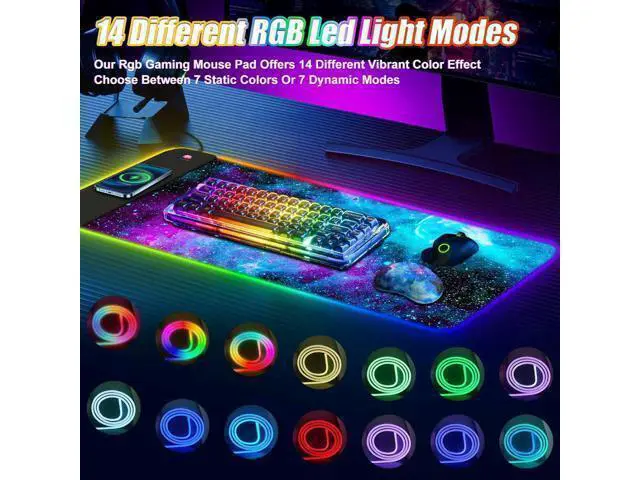 Alt view image 3 of 7 - ToLuLu Wireless Charging RGB Gaming Mouse Pad, 15W LED Mouse Mat with 30W Charger, 14 Light Modes Large Mousepad with Wrist Support, Non-Slip Rubber Base Desk Mat Computer Keyboard Pad, Galaxy Nebula