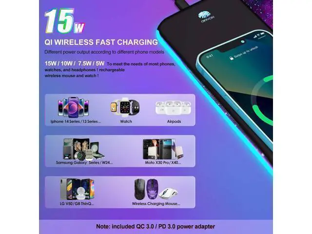 Alt view image 7 of 7 - ToLuLu Wireless Charging RGB Gaming Mouse Pad, 15W LED Mouse Mat with 30W Charger, 14 Light Modes Large Mousepad with Wrist Support, Non-Slip Rubber Base Desk Mat Computer Keyboard Pad, Galaxy Nebula