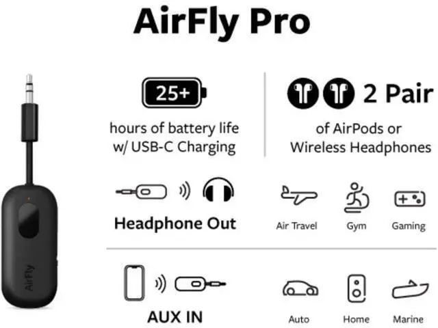 Alt view image 3 of 7 - Twelve South AirFly Pro Bluetooth Wireless Audio Transmitter/Receiver for up to 2 AirPods/Wireless Headphones; Use with Any 3.5 mm Audio Jack, Black
