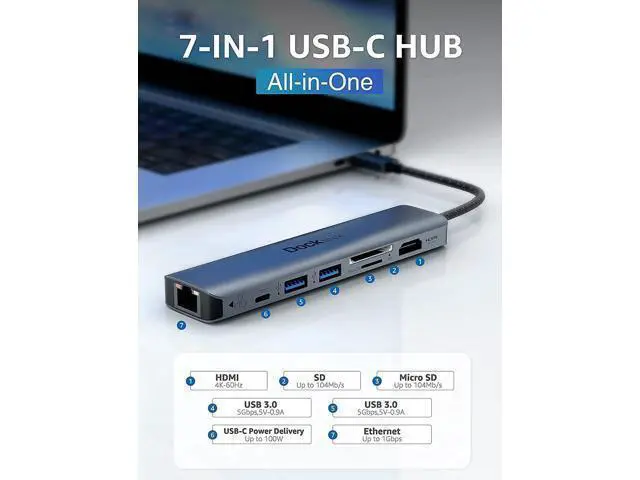 Alt view image 2 of 7 - USB C Hub Multiport Adapter, Dockteck 7-in-1 USB-C Hub with 4K 60Hz HDMI with Short USB C Cable 0.5 FT CableCreation USB A to USB C Cable