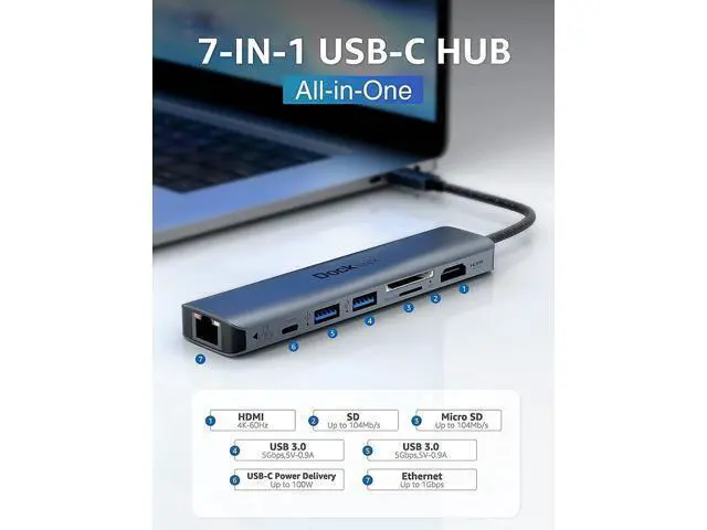 Alt view image 7 of 7 - USB C Hub Multiport Adapter, Dockteck 7-in-1 USB-C Hub with 4K 60Hz HDMI with Short USB C Cable 0.5 FT CableCreation USB A to USB C Cable