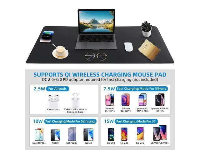 Alt view image 4 of 7 - Wireless Charging Mouse Pad with for Desktop Charging Large Desk Mat 32"x16" Waterproof Black Leather Computer Mat Mousepad Non-Slip Protector on Top of Desks for Keyboard and Mouse(Black-L)