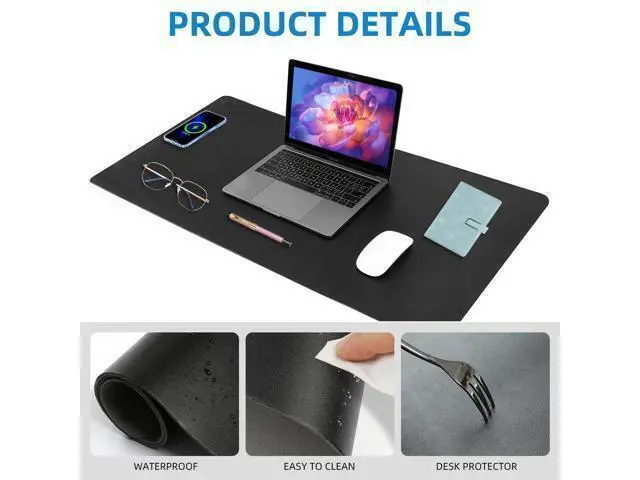 Alt view image 3 of 7 - Wireless Charging Mouse Pad with for Desktop Charging Large Desk Mat 36"x17" Waterproof Black Leather Computer Mat Mousepad Non-Slip Protector on Top of Desks for Keyboard and Mouse(Black-L)