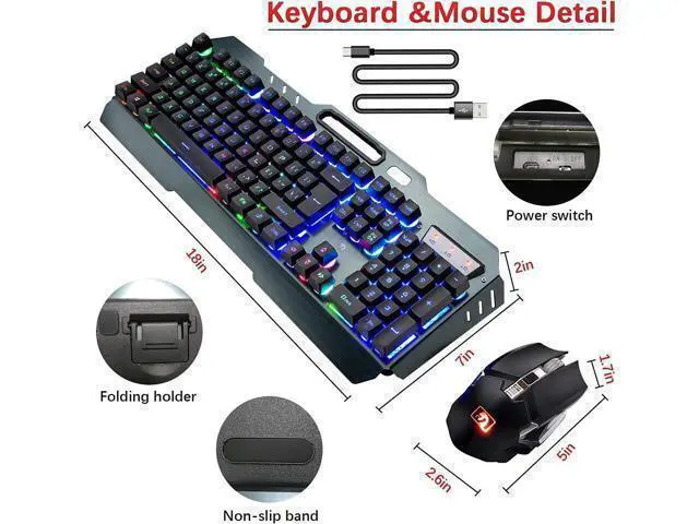 Alt view image 7 of 7 - Wireless Gaming Keyboard and Mouse, Rechargeable, Rainbow Backlit with 3800mAh Battery Metal Panel,Mechanical Feel Keyboard and 7 Color Mute Mouse for Windows Computer Gamers