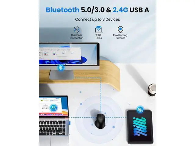 Alt view image 3 of 7 - Wireless Mouse Bluetooth 5.0/3.0 & 2.4G Rechargeable, Silent Clicks, Adjustable 4800 DPI, 6 Buttons, Ergonomic Design, Bluetooth Mouse for Laptop, Computer, ipad-Dark