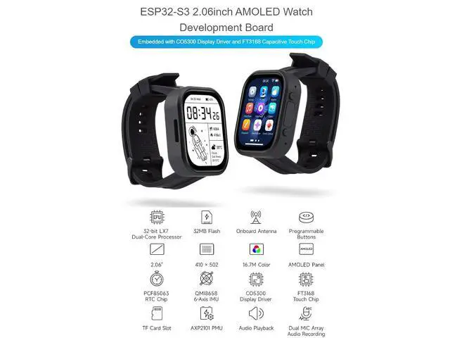 Alt view image 2 of 7 - ESP32-S3 2.06inch AMOLED Touch Watch Development Board Based on ESP32-S3R8 Microcontroller, Supports Offline Voice Recognition and AI Speech Interaction