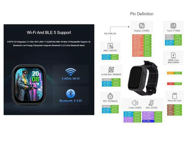 Alt view image 6 of 7 - ESP32-S3 2.06inch AMOLED Touch Watch Development Board Based on ESP32-S3R8 Microcontroller, Supports Offline Voice Recognition and AI Speech Interaction