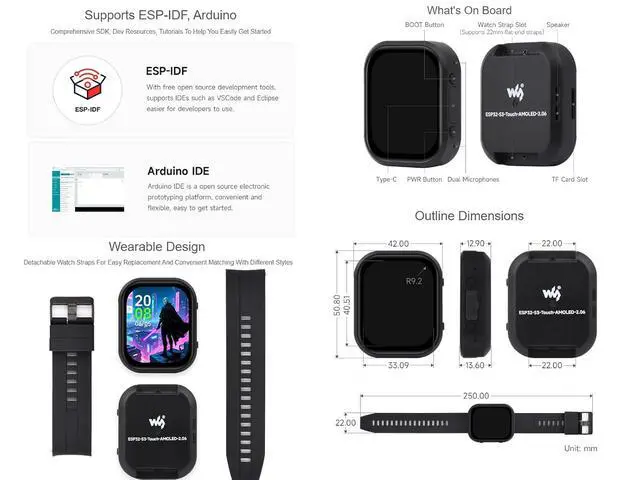 Alt view image 7 of 7 - ESP32-S3 2.06inch AMOLED Touch Watch Development Board Based on ESP32-S3R8 Microcontroller, Supports Offline Voice Recognition and AI Speech Interaction