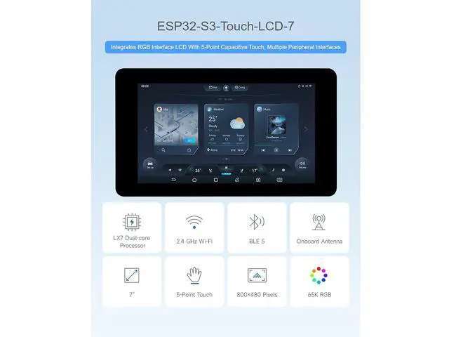Alt view image 2 of 7 - ESP32-S3 7inch Capacitive Touch Screen Development Board 800×480 Resolution 7 inch 65K RGB LCD Disply,5-Point Touch,Supports WiFi & Bluetooth