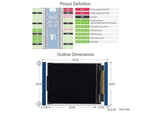 Alt view image 7 of 7 - 1.8inch LCD Display Module for Raspberry Pi Pico Microcontroller Board,160×128 Resolution 65K RGB Colors Display TFT Screen,SPI Interface