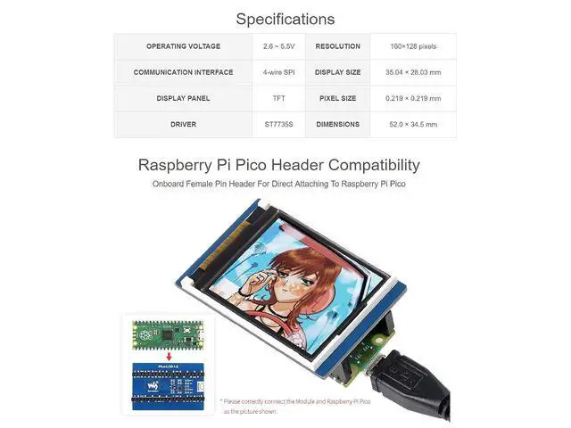 Alt view image 6 of 7 - 1.8inch LCD Display Module for Raspberry Pi Pico Microcontroller Board,160×128 Resolution 65K RGB Colors Display TFT Screen,SPI Interface