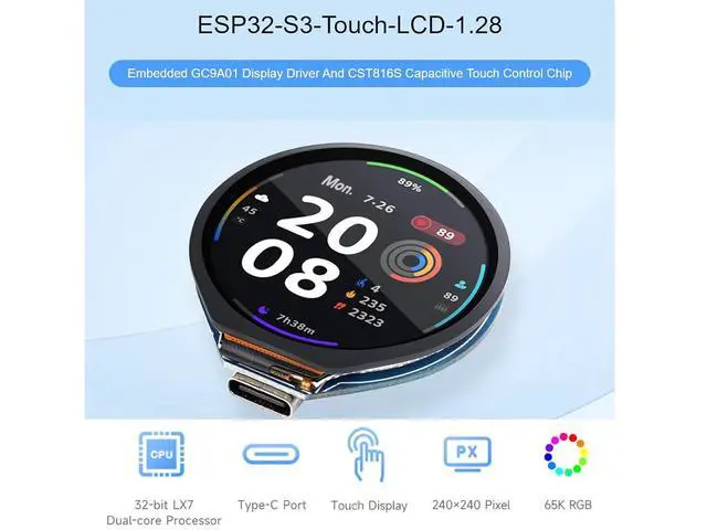 Alt view image 3 of 7 - ESP32-S3 Development Board Onboard 1.28inch Round Touch LCD Display,32-bit LX7 Dual-core Processor,Support 2.4 GHz Wi-Fi and Bluetooth 5(LE) ,Embedded GC9A01 Driver And CST816S Touch Control Chip