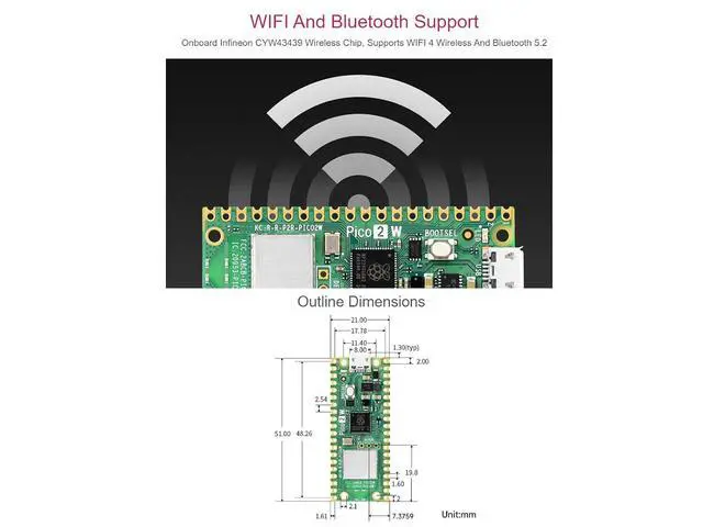 Alt view image 3 of 7 - Pre-Soldered Raspberry Pi Pico 2 W Microcontroller Board with Header,Supports WiFi 4 Wireless and Bluetooth 5.2,Based On RP2350 Dual-Core Processor