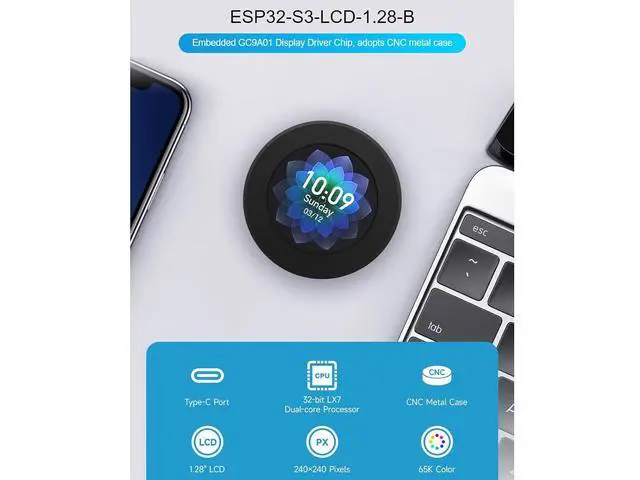 Alt view image 2 of 7 - ESP32-S3 Development Board Onboard 1.28inch Round LCD Display with CNC Metal Case,Support 2.4 GHz Wi-Fi and Bluetooth 5(LE),Embedded GC9A01 Driver