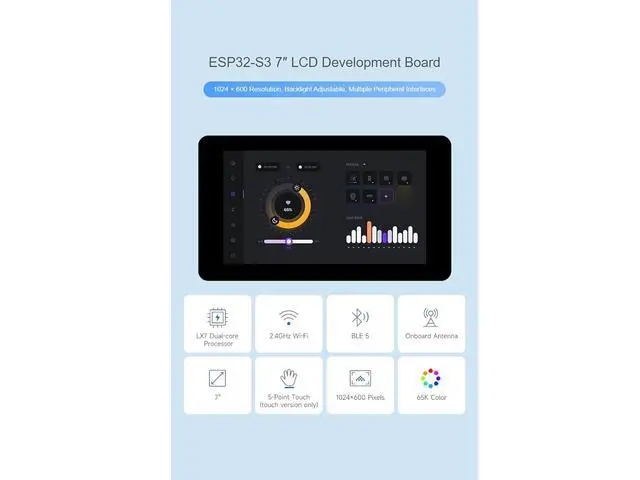 Alt view image 2 of 7 - ESP32-S3 7inch Touch Display Development Board Type B 1024×600 Resolution 7IPS LCD Screen Supports Wi-Fi and Bluetooth BLE 5,Backlight Adjustable, Multiple Peripheral Interfaces