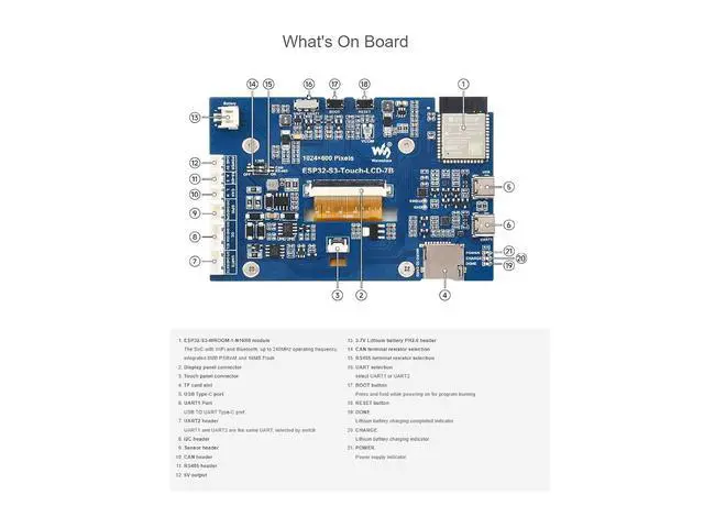Alt view image 5 of 7 - ESP32-S3 7inch Touch Display Development Board Type B 1024×600 Resolution 7IPS LCD Screen Supports Wi-Fi and Bluetooth BLE 5,Backlight Adjustable, Multiple Peripheral Interfaces