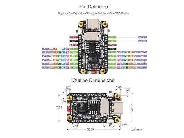 Alt view image 5 of 7 - ESP32-S3 1.47inch LCD Display Development Board Type B, 172x320 Resolution, 262K Color Display, Wi-Fi & BLE 5 Support, 240MHz LX7 Dual-Core Processor
