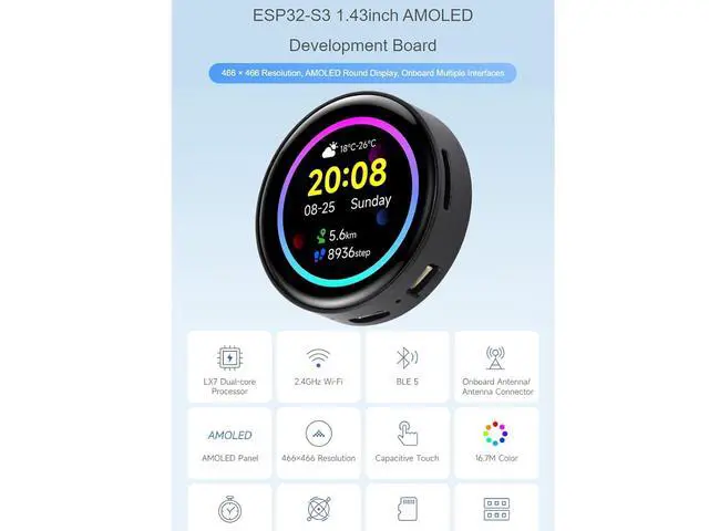 Alt view image 2 of 7 - ESP32-S3 1.43inch AMOLED Display Development Board with CNC Metal Case,466×466 Resolution 16.7M Color Capacitive Touch AMOLED Round Display Support 2.4GHz WiFi and Bluetooth BLE 5