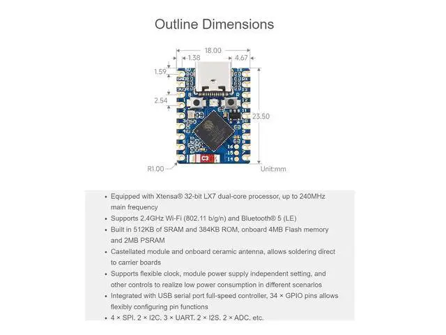 Alt view image 3 of 7 - ESP32-S3 Mini Development Board with Pre-Soldered Header,2.4GHz Wi-Fi,Bluetooth 5 Support,Based on ESP32-S3FH4R2 Dual-Core Processor,240MHz Running Frequency, USB Type-C Port