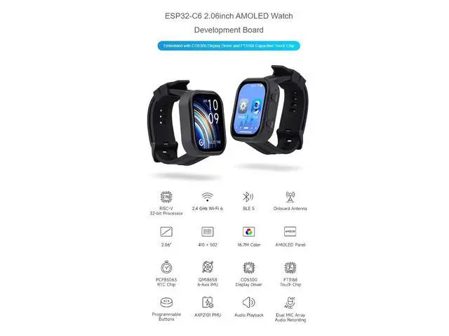 Alt view image 2 of 7 - ESP32-C6 2.06inch AMOLED Touch Watch Development Board,410 × 502 Pixels Capacitive Touch Display,Supports WiFi 6 / Bluetooth 5 / Zigbee,Supports AI Speech Interaction